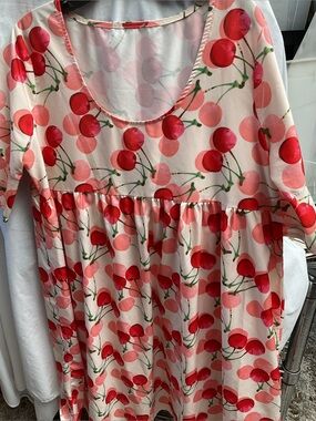 Cherry Print Babydoll Dress - Pink & Red